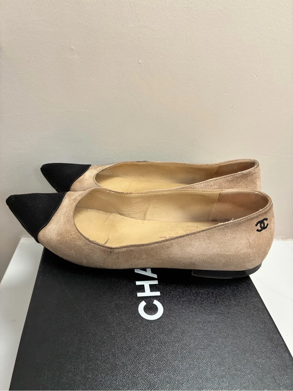 Chanel Classic Two-Tone Suede with Satin Cap-Toe Ballet Flats in Beige and Black